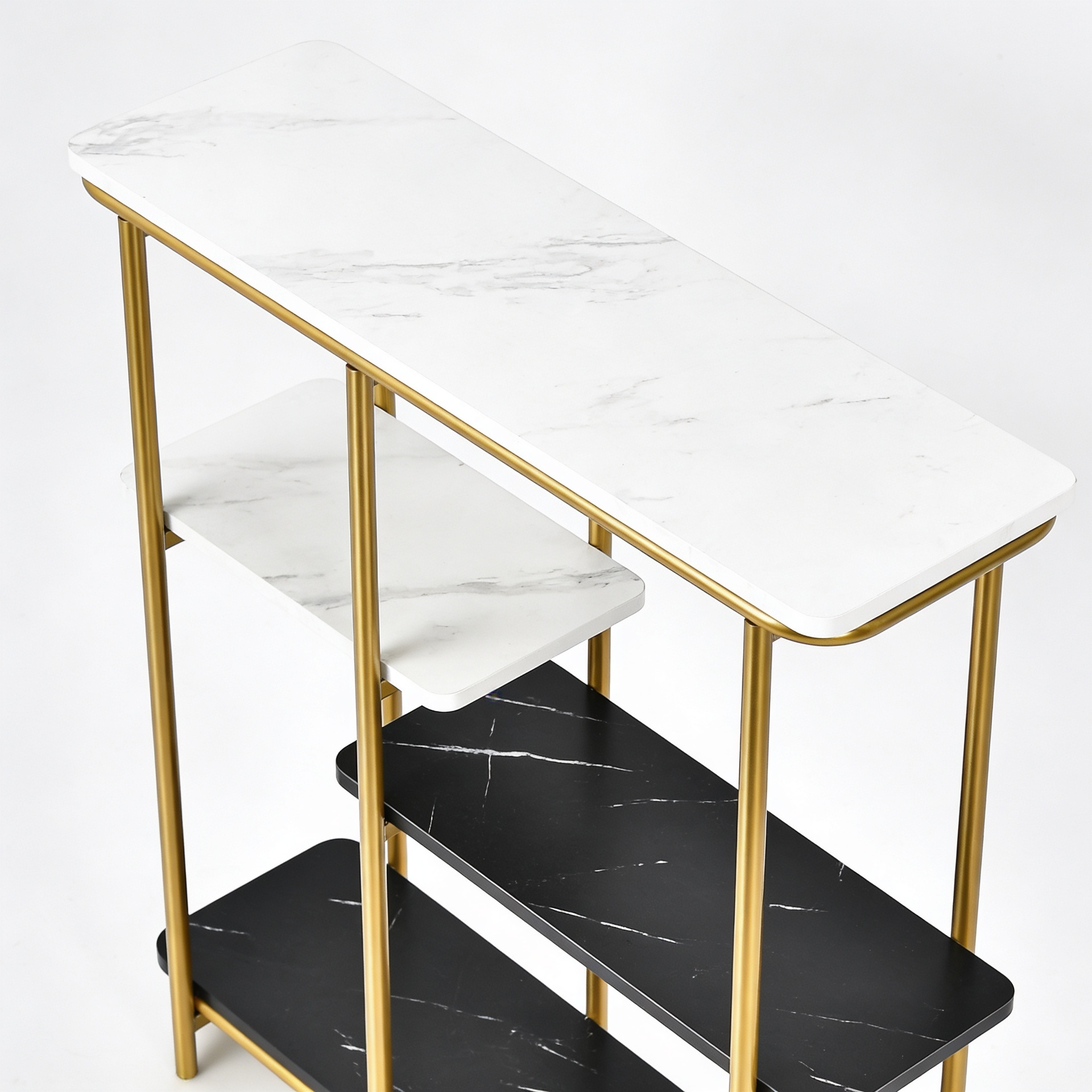 Two Different Colored Surfaces Four-Tier White & Black Marble Gold Console Table