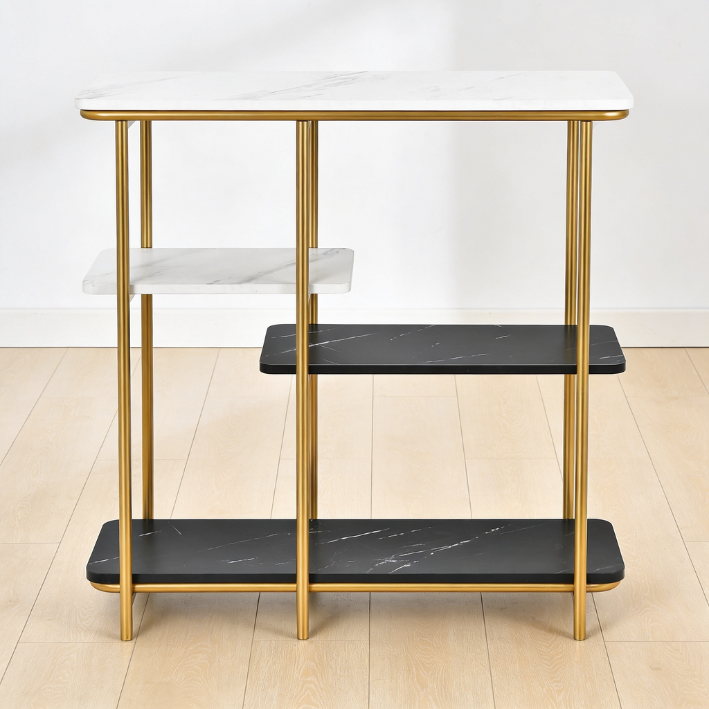 Two Different Colored Surfaces Four-Tier White & Black Marble Gold Console Table