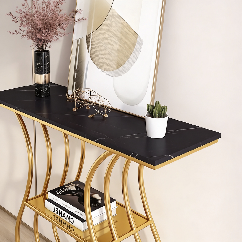Black Narrow With Shelf Marble Top Console Table