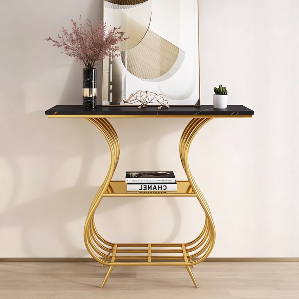Black Narrow With Shelf Marble Top Console Table