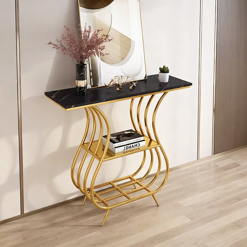 Black Narrow With Shelf Marble Top Console Table