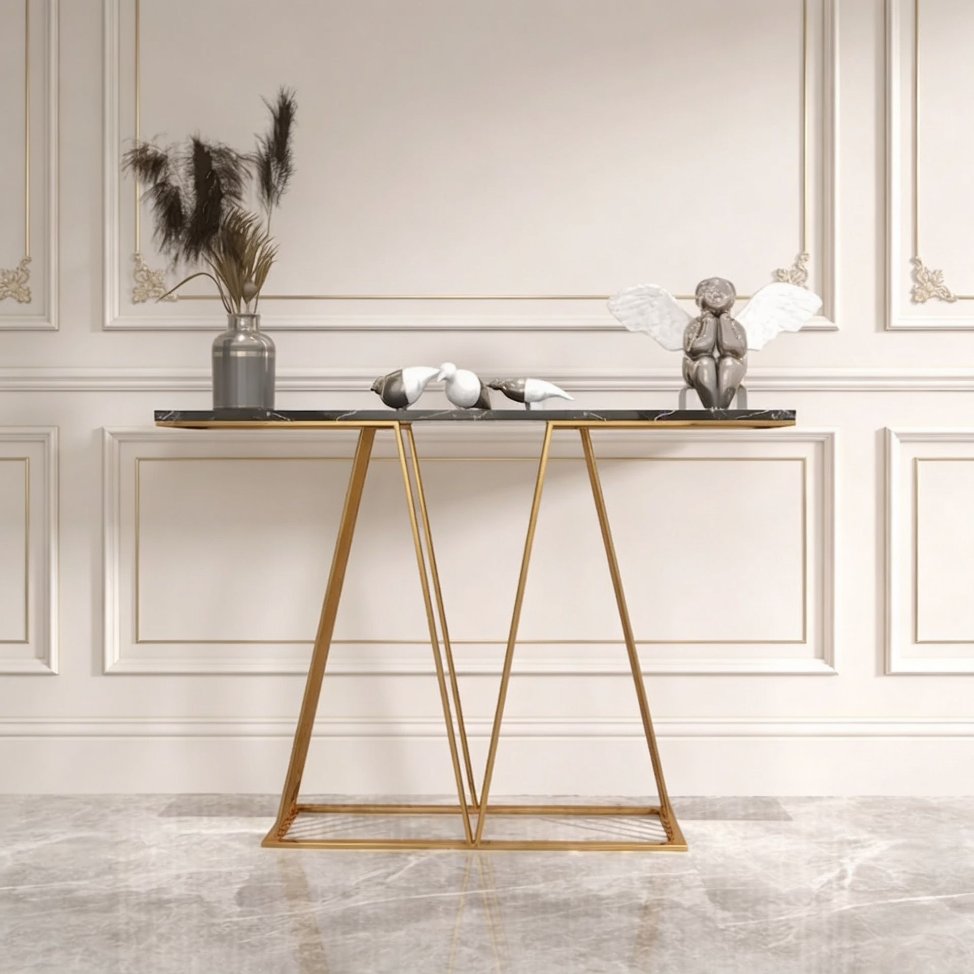 Designer Faux Black Marble V Shape Console Table