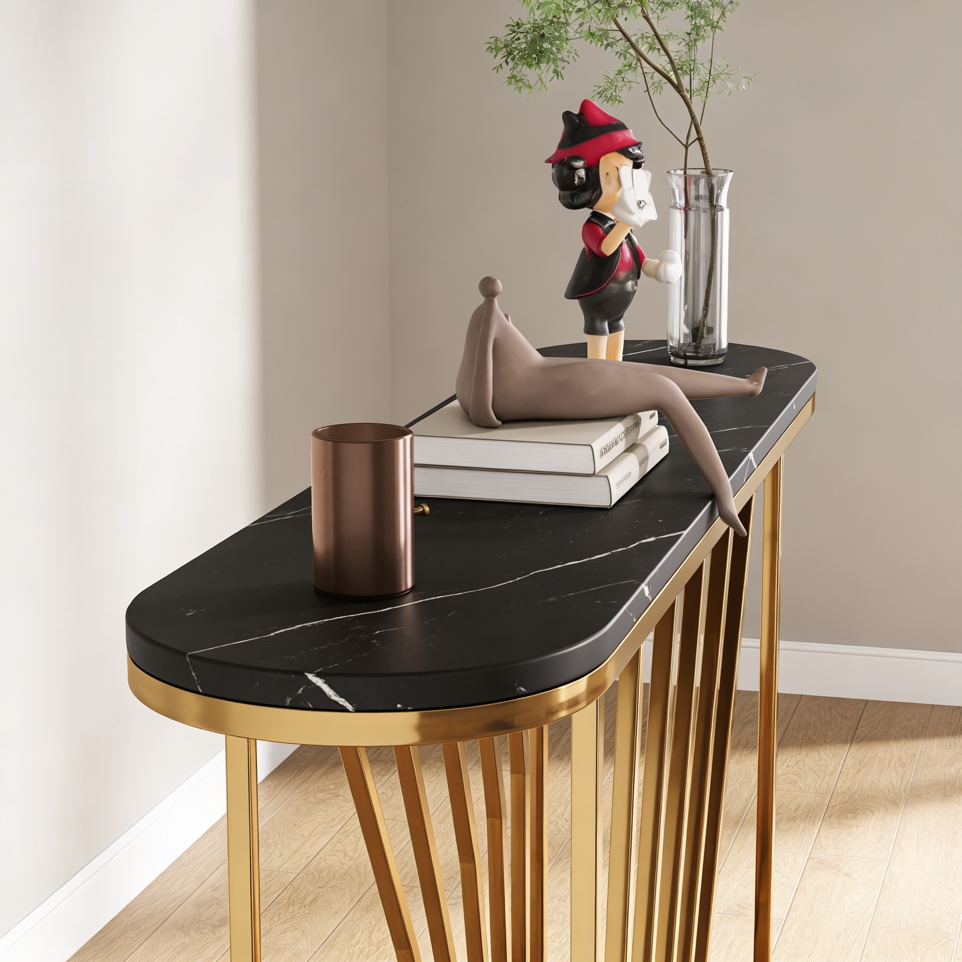 D-End Black Marble Gold Designer Base Console Table