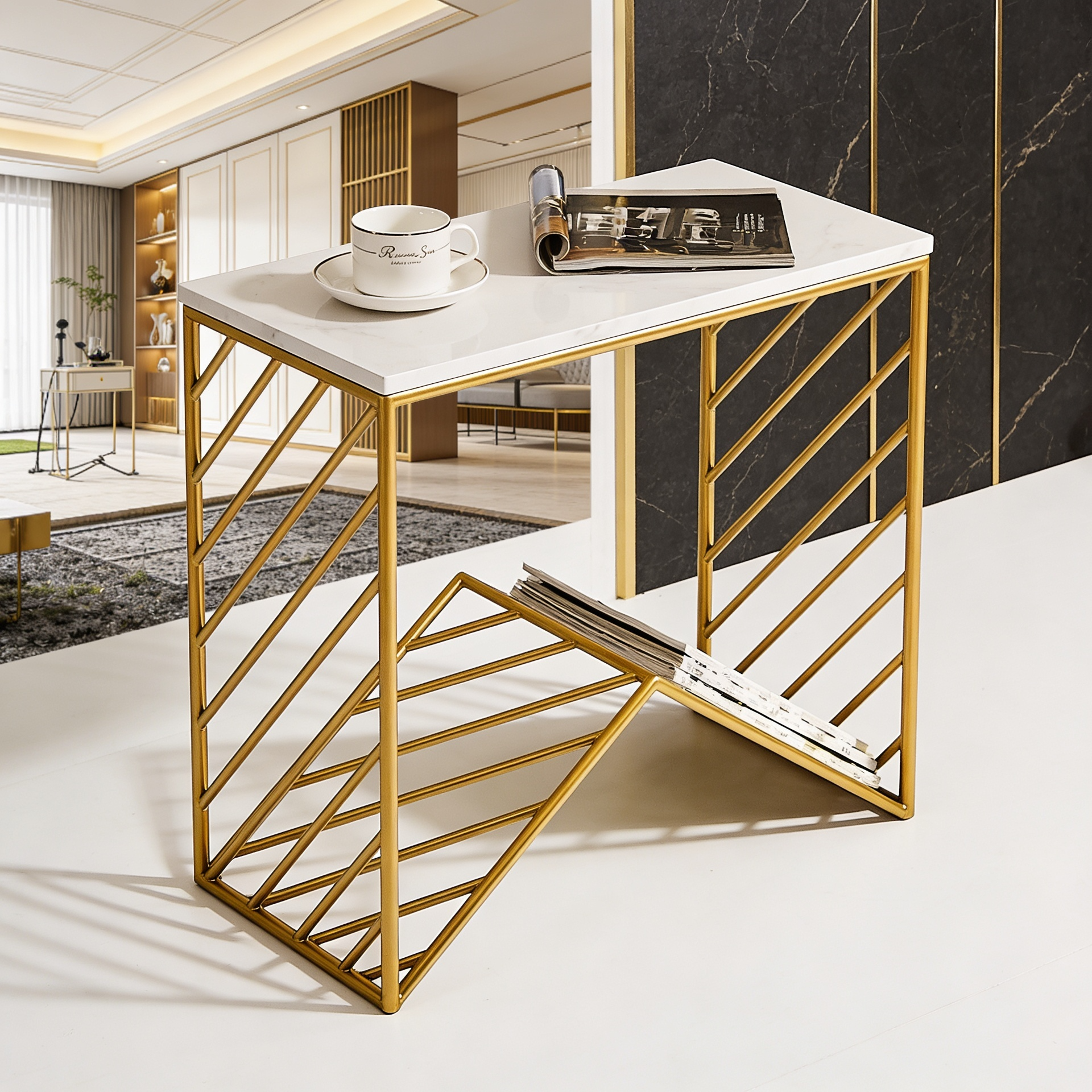 W-Base White Marble Top Console Table