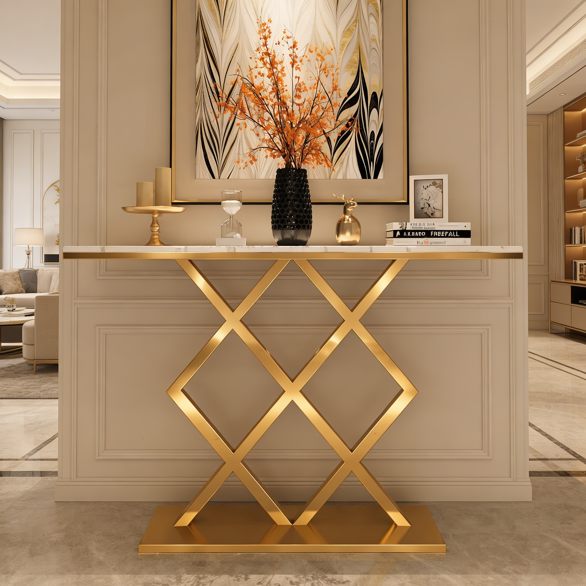 X-Rhombus Black Rectangular With Faux Marble Top Console Table