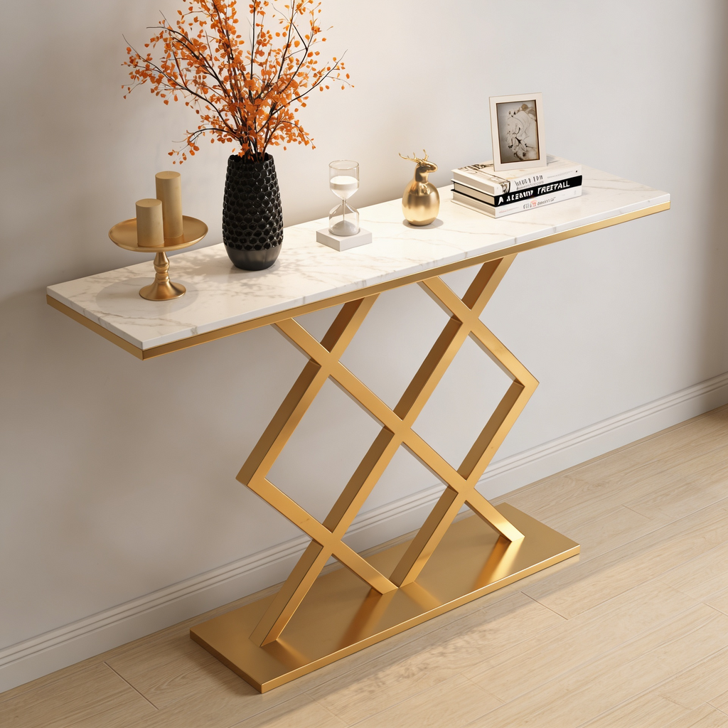 X-Rhombus Black Rectangular With Faux Marble Top Console Table