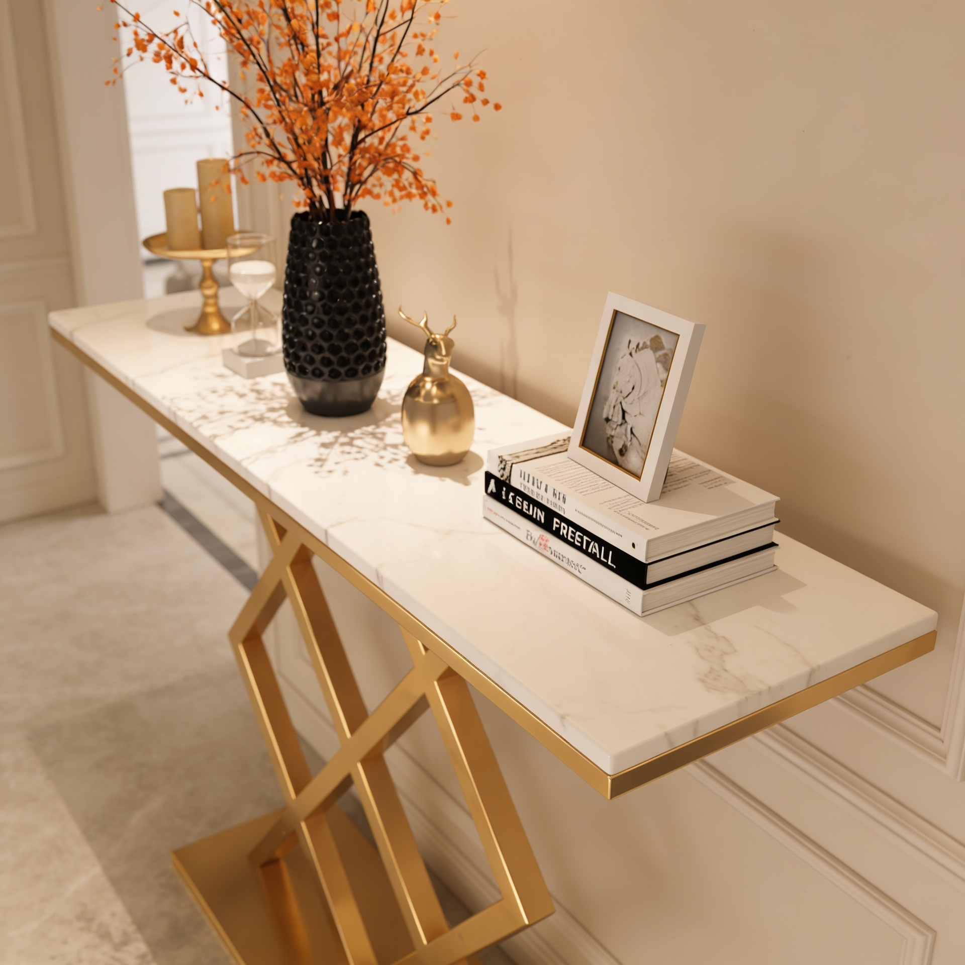 X-Rhombus Black Rectangular With Faux Marble Top Console Table