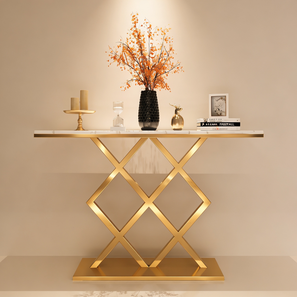 X-Rhombus Black Rectangular With Faux Marble Top Console Table