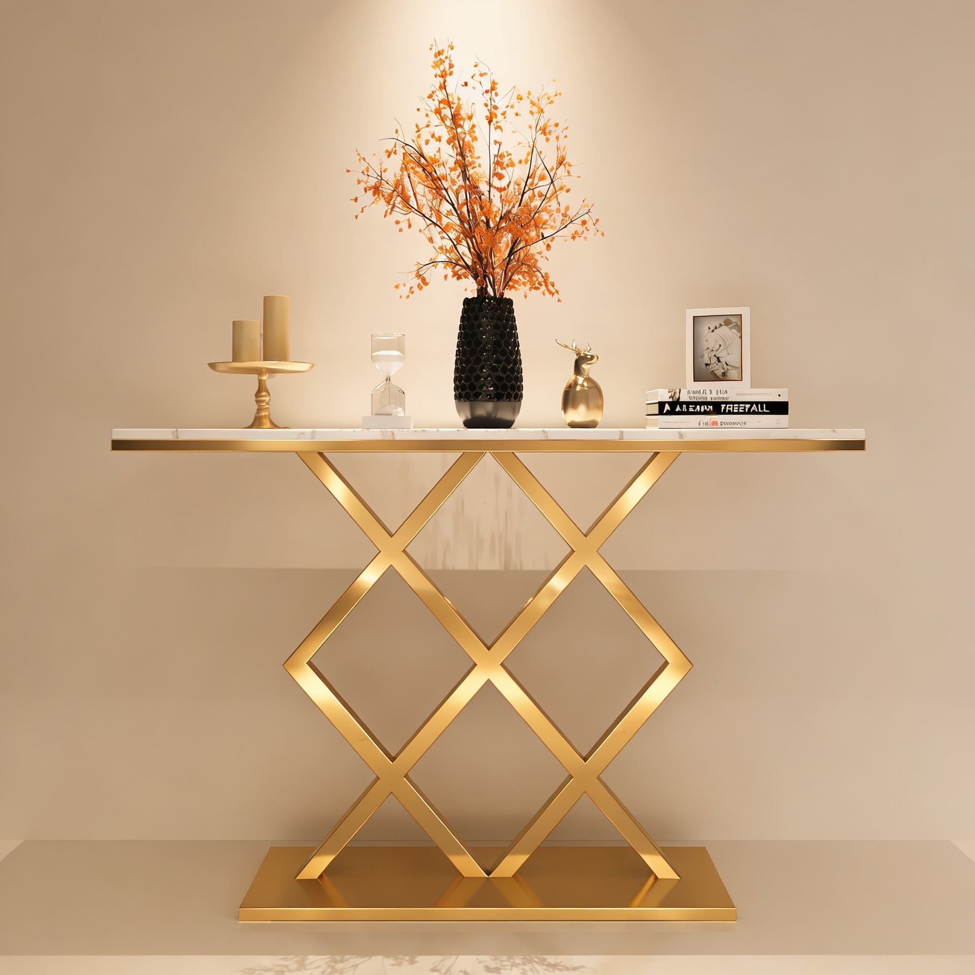 X-Rhombus Black Rectangular With Faux Marble Top Console Table