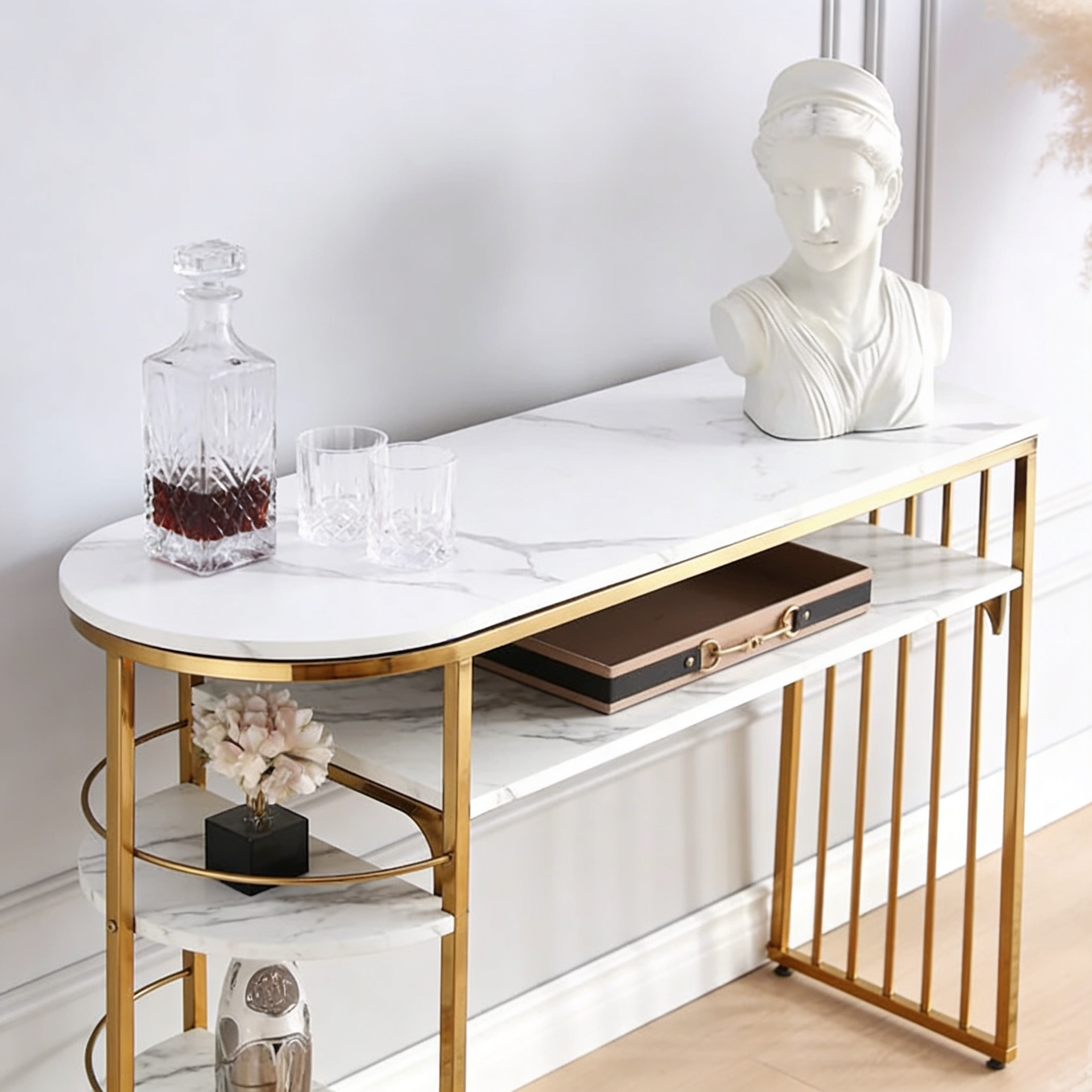 D-End 5 Tier White Marble Golden Console Table