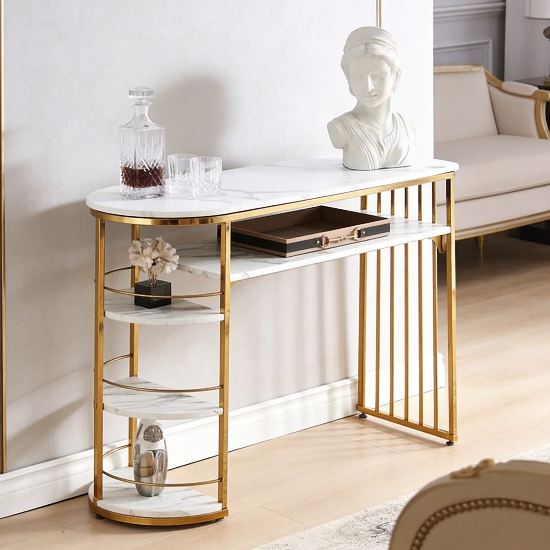 D-End 5 Tier White Marble Golden Console Table