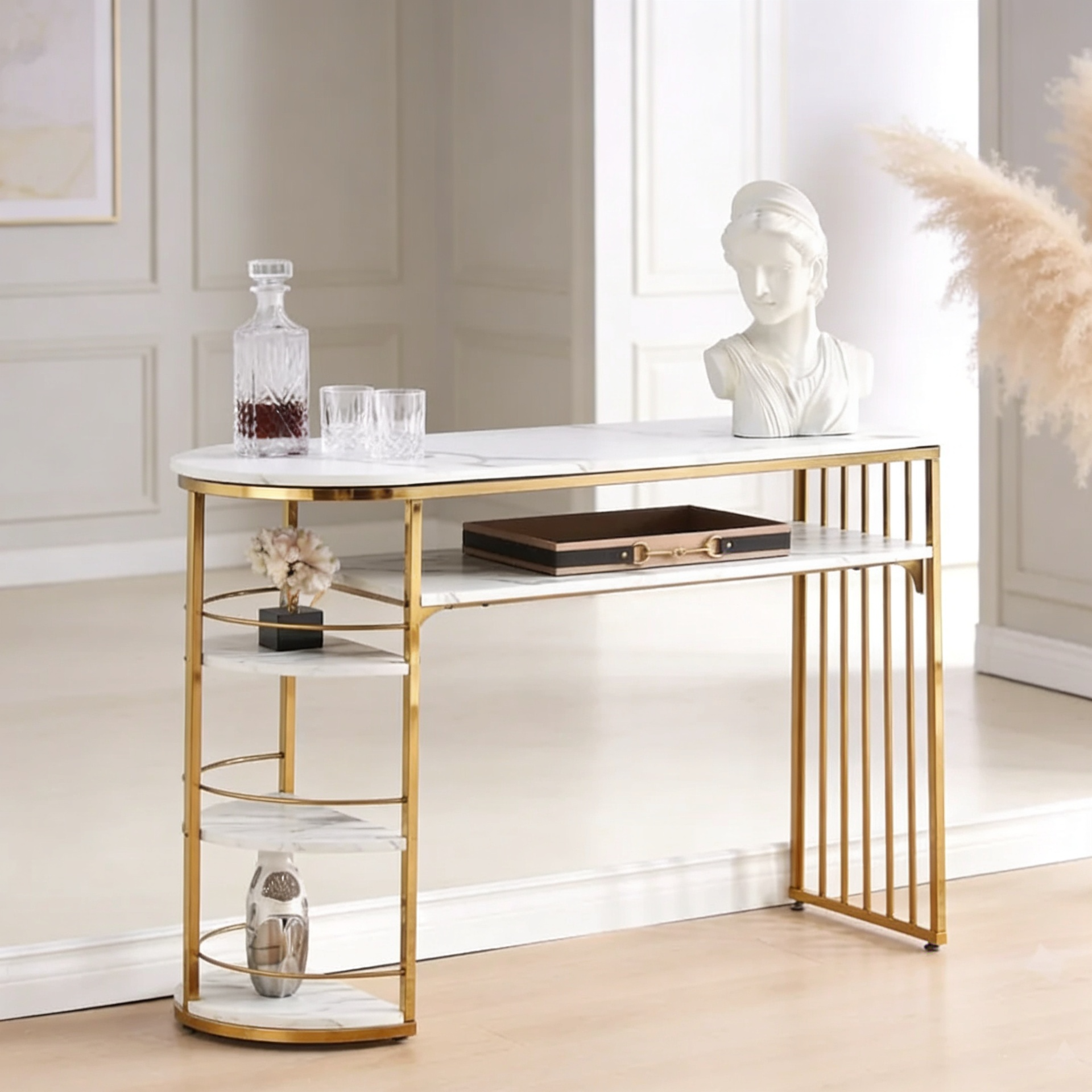 D-End 5 Tier White Marble Golden Console Table