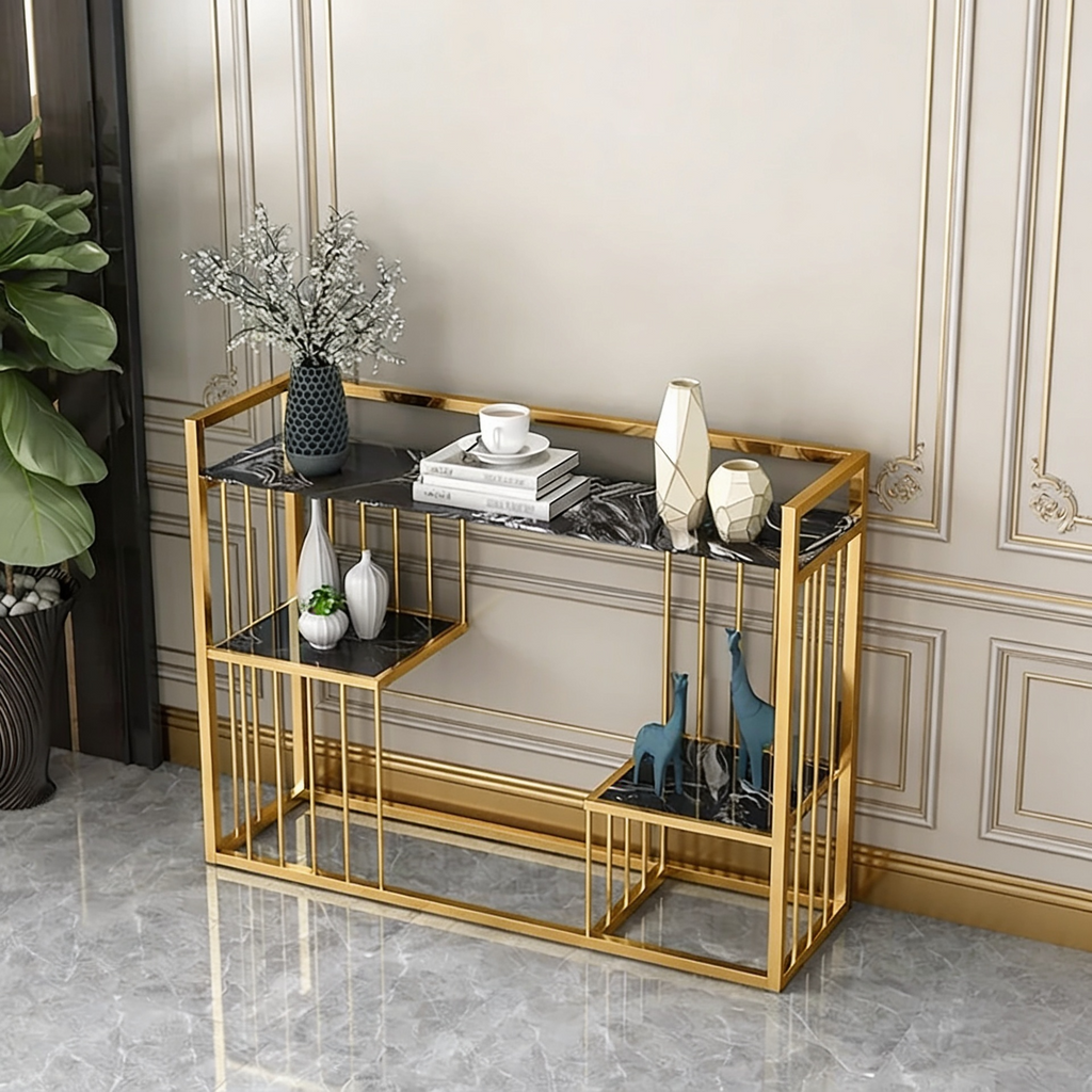 Designer 3-Tier Black Faux Marble Golden Console Table