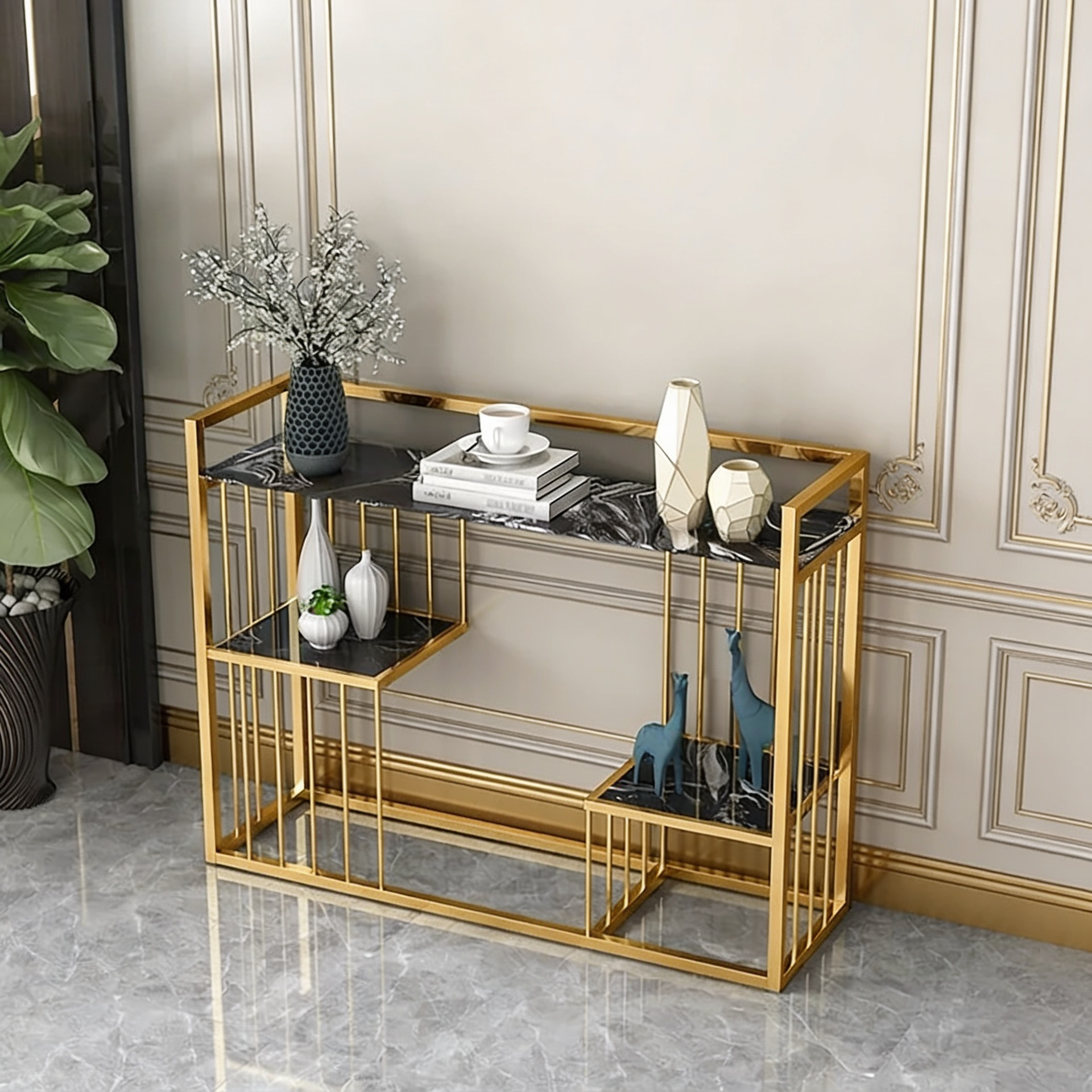 Designer 3-Tier Black Faux Marble Golden Console Table