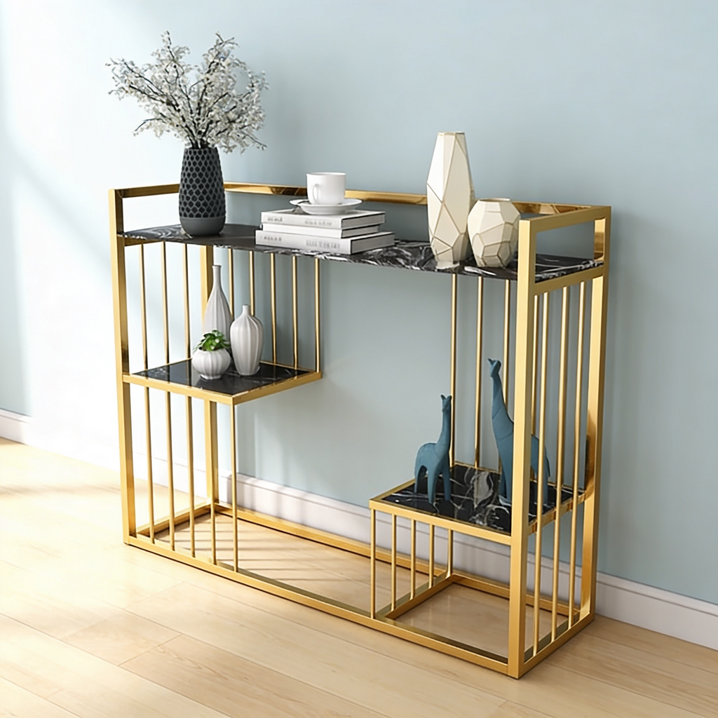Designer 3-Tier Black Faux Marble Golden Console Table