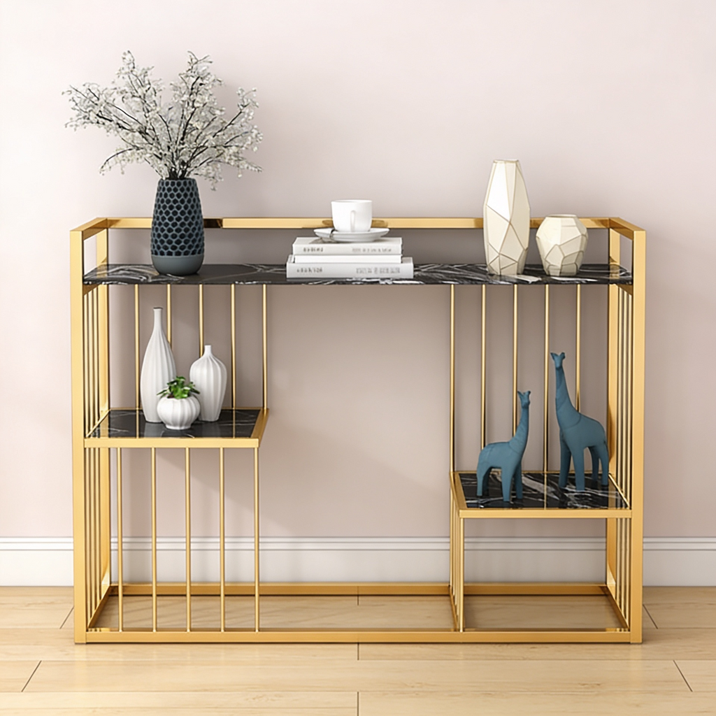 Designer 3-Tier Black Faux Marble Golden Console Table
