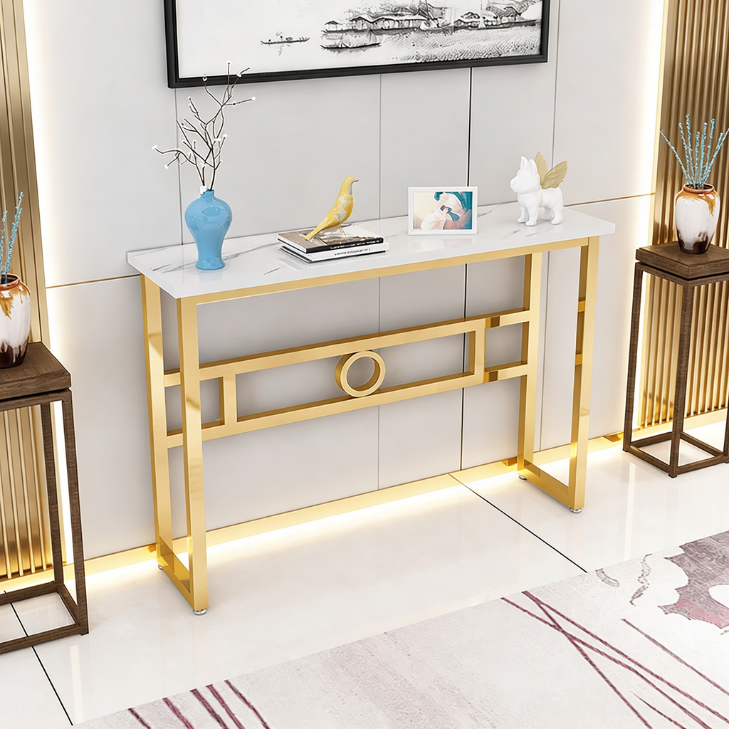 Long Narrow White Gold Marble Console Table