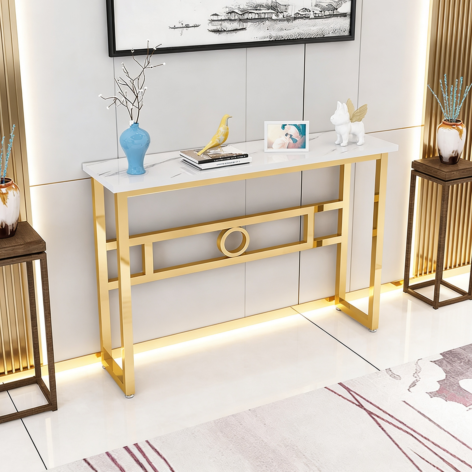Long Narrow White Gold Marble Console Table