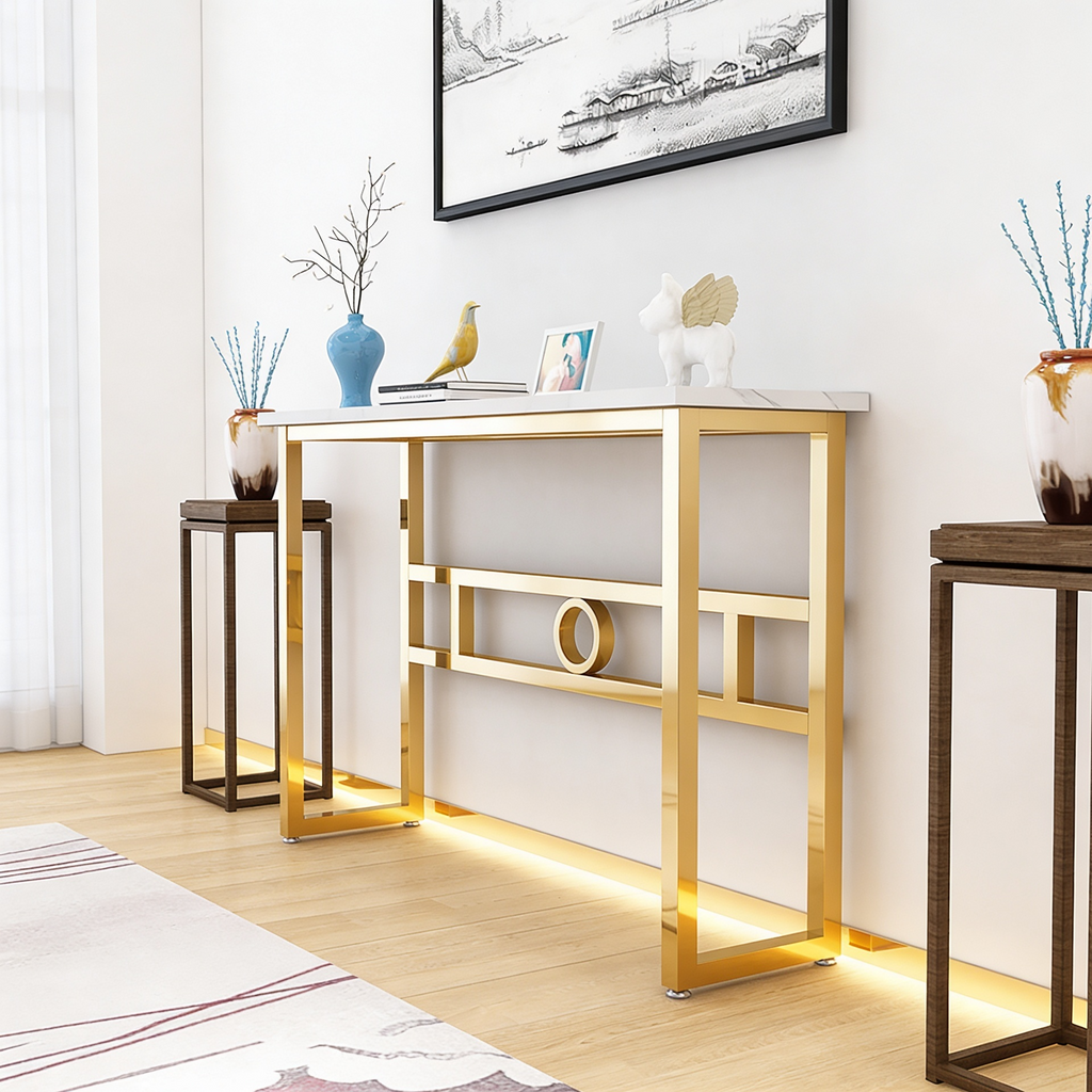 Long Narrow White Gold Marble Console Table