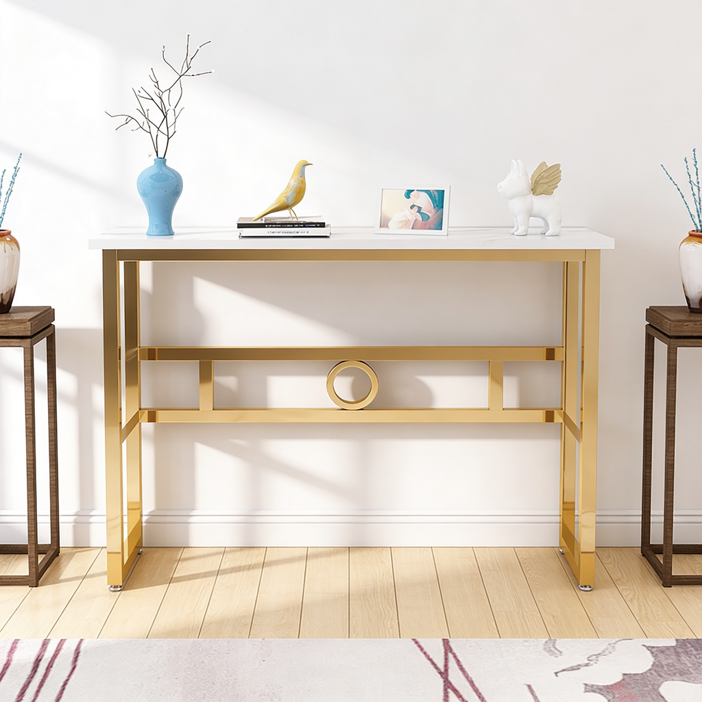 Long Narrow White Gold Marble Console Table