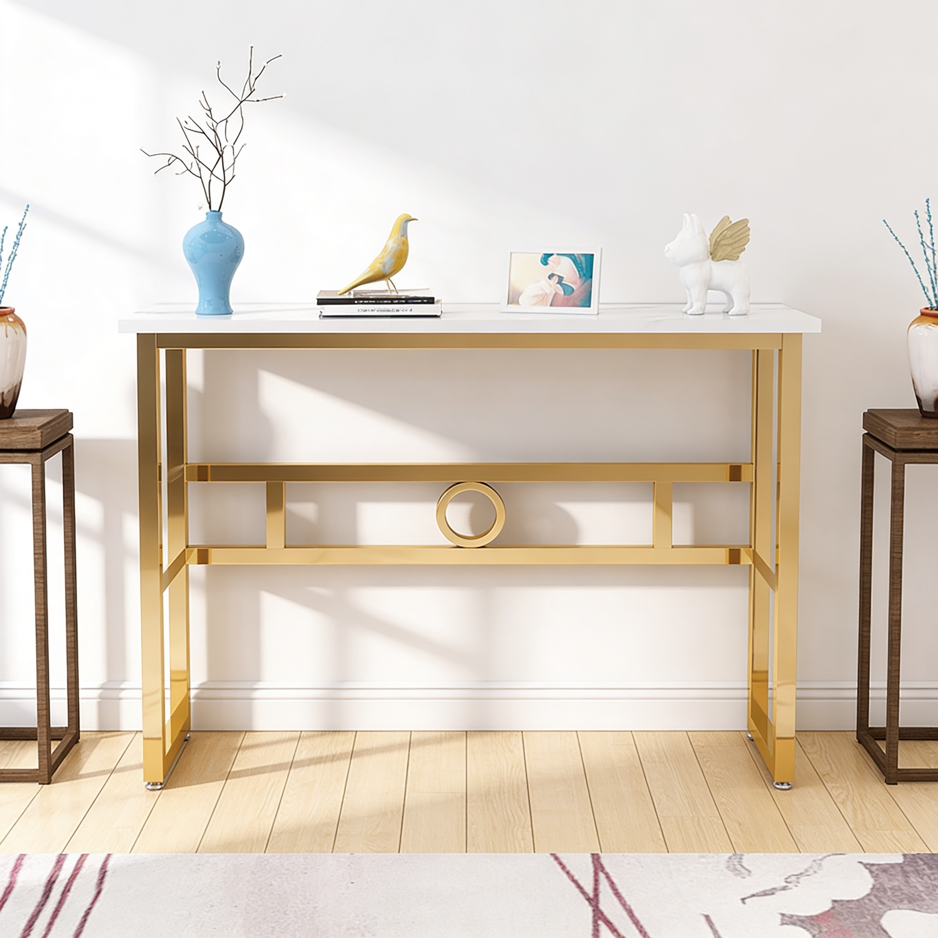 Long Narrow White Gold Marble Console Table