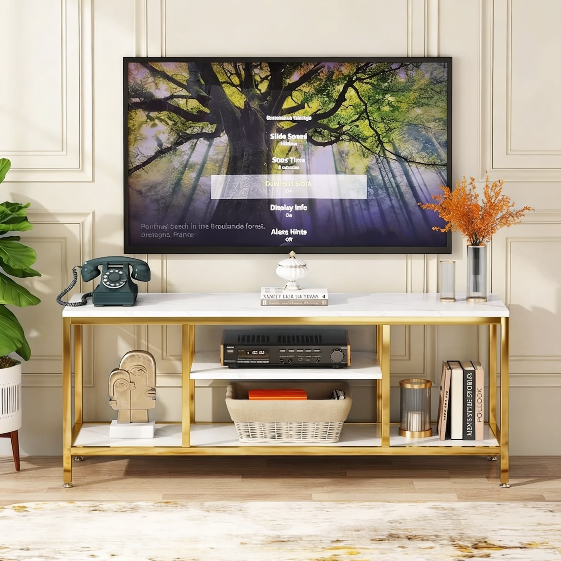 5-Tier Rectangle White Marble Gold Entryway Console Table