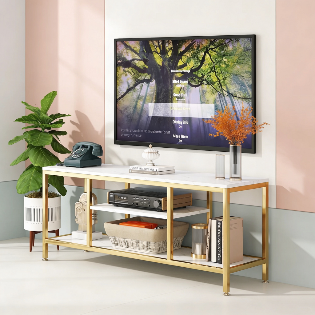 5-Tier Rectangle White Marble Gold Entryway Console Table