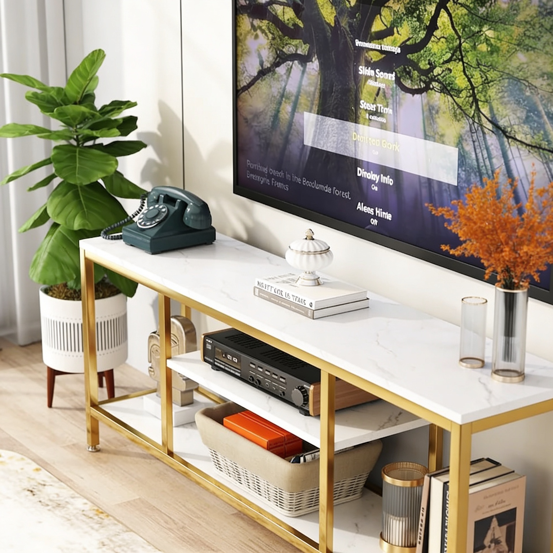 5-Tier Rectangle White Marble Gold Entryway Console Table