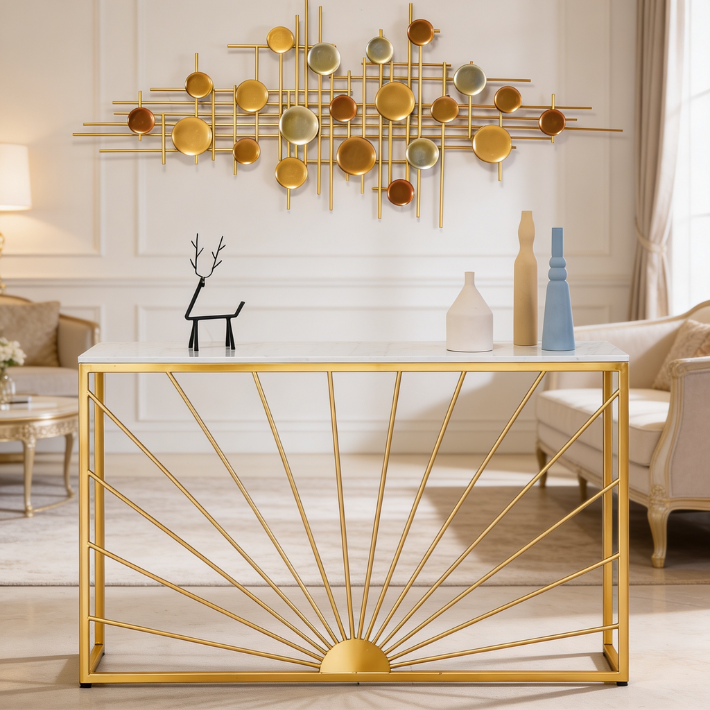 Sun Ray Pattern Designer White Marble Golden Console Table