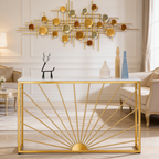 Sun Ray Pattern Designer White Marble Golden Console Table