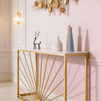 Sun Ray Pattern Designer White Marble Golden Console Table