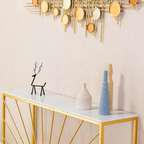 Sun Ray Pattern Designer White Marble Golden Console Table