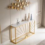 Sun Ray Pattern Designer White Marble Golden Console Table