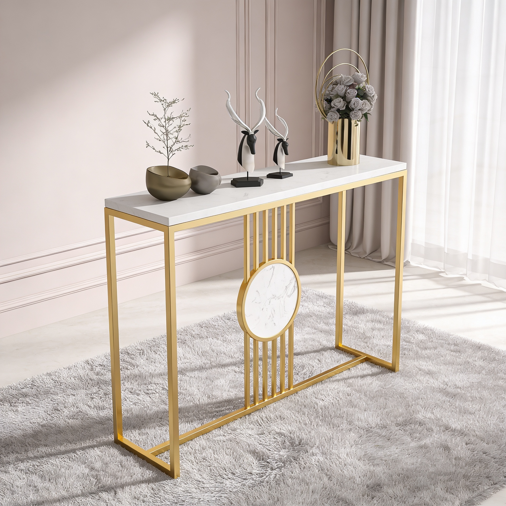 Urban Loft Rectangular White Marble Console Table