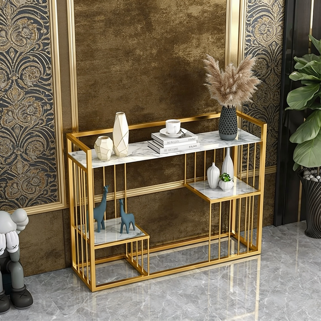 Designer 3-Tier White Faux Marble Golden Console Table