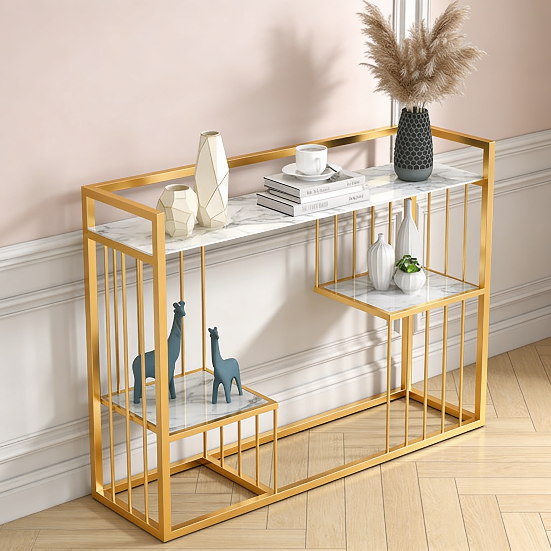 Designer 3-Tier White Faux Marble Golden Console Table