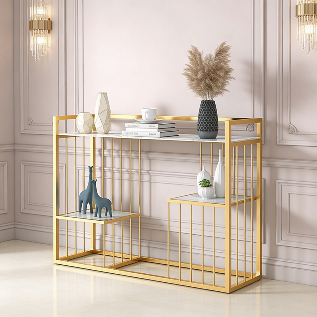 Designer 3-Tier White Faux Marble Golden Console Table
