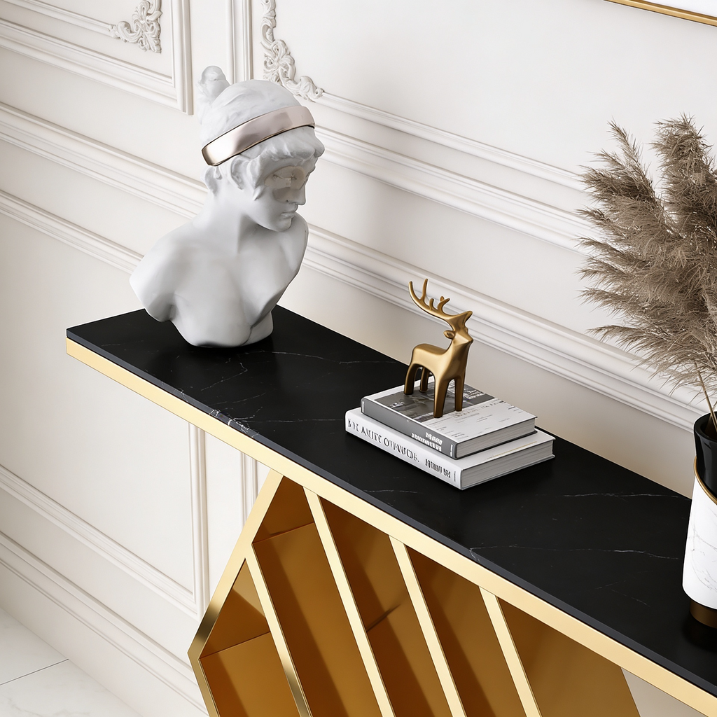 The Essence Of Style Black Marble Golden Console Table