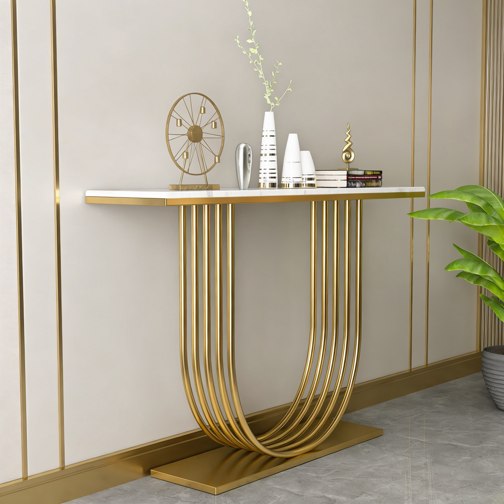 Designer Gold Metal Console Table Featuring U-Shaped Geometric Base