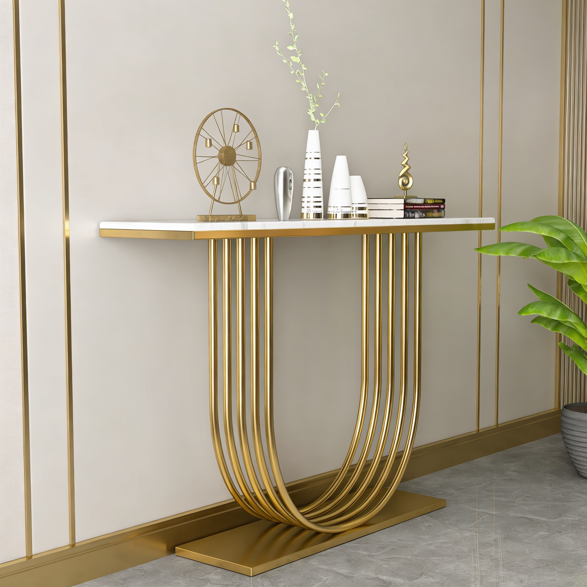 Designer Gold Metal Console Table Featuring U-Shaped Geometric Base