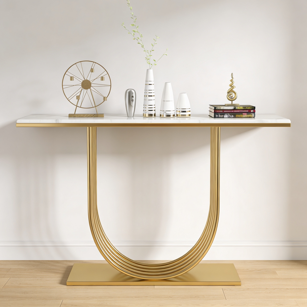 Designer Gold Metal Console Table Featuring U-Shaped Geometric Base