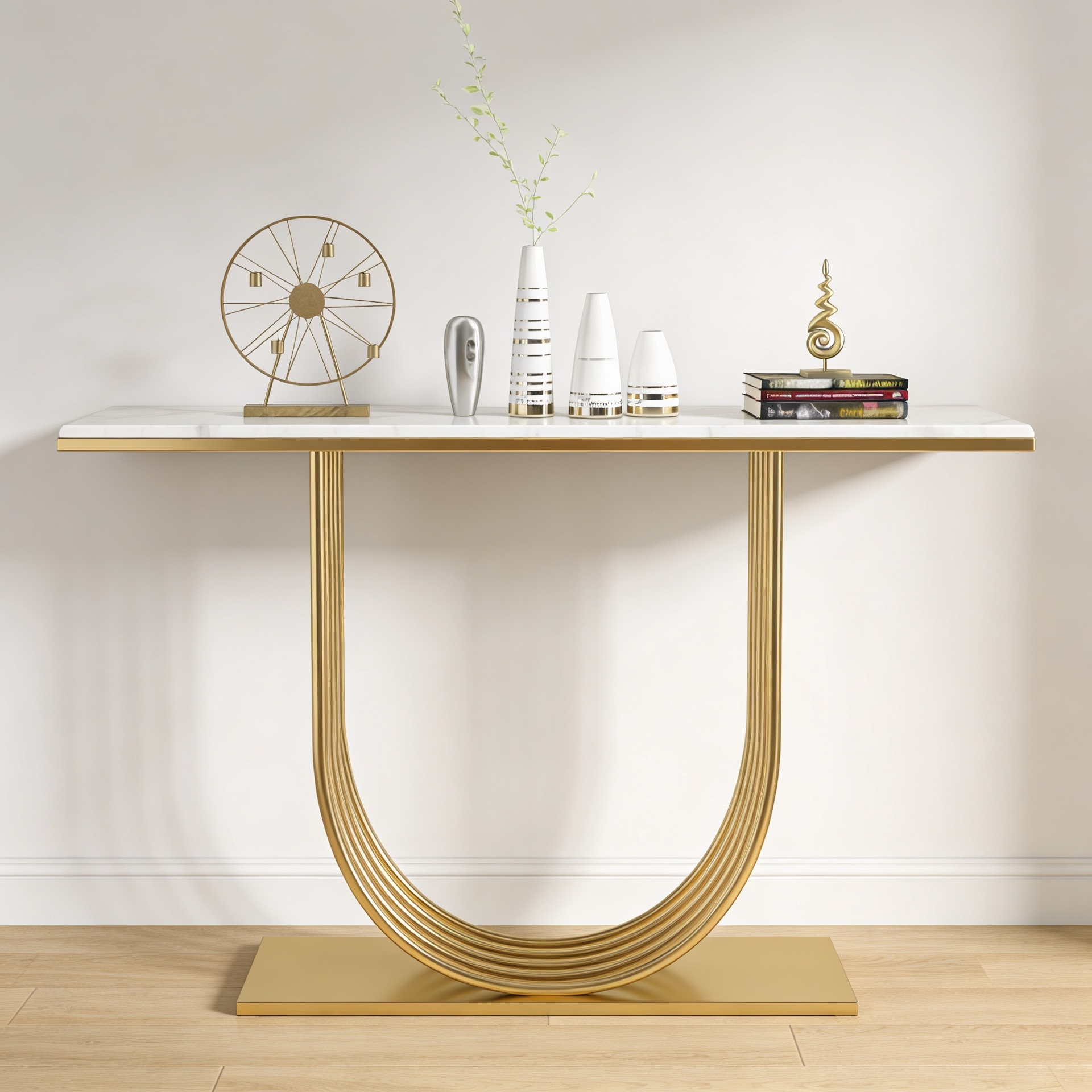 Designer Gold Metal Console Table Featuring U-Shaped Geometric Base