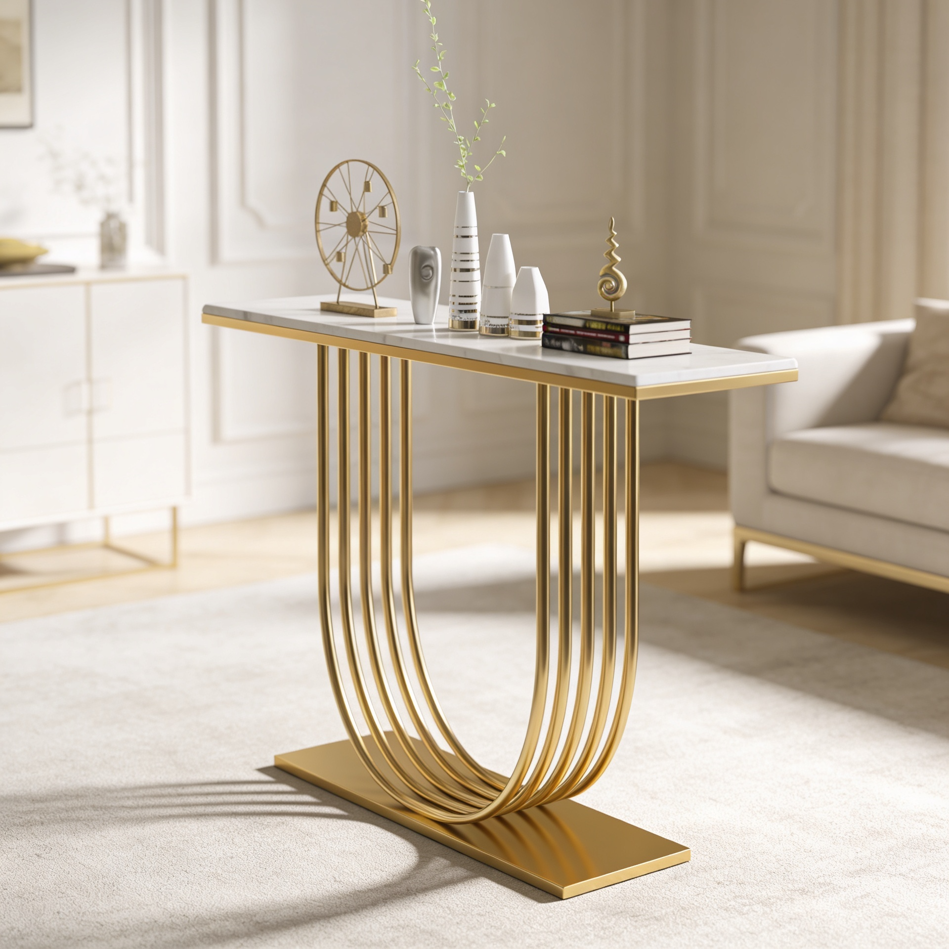 Designer Gold Metal Console Table Featuring U-Shaped Geometric Base