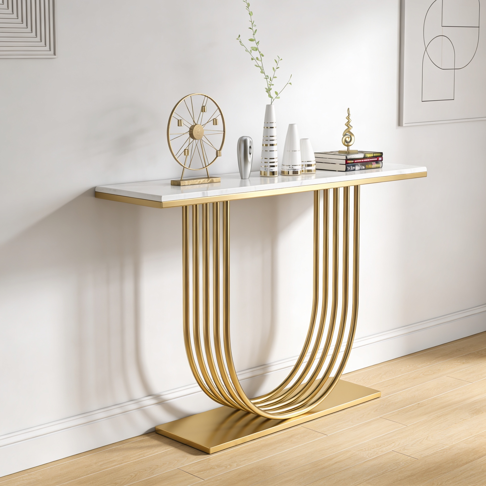 Designer Gold Metal Console Table Featuring U-Shaped Geometric Base
