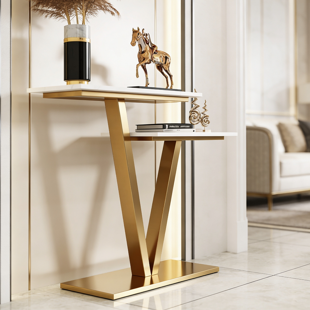 Contemporary 2 Tier White Marble Golden Console Table