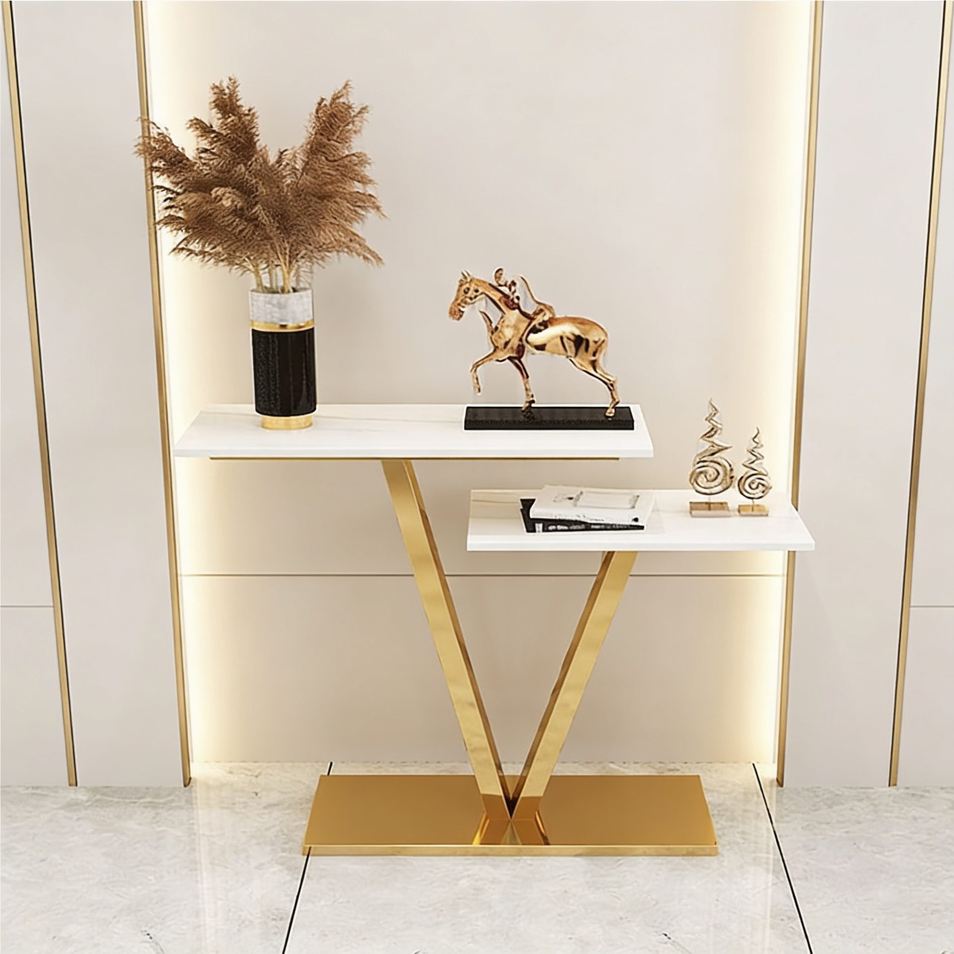 Contemporary 2 Tier White Marble Golden Console Table