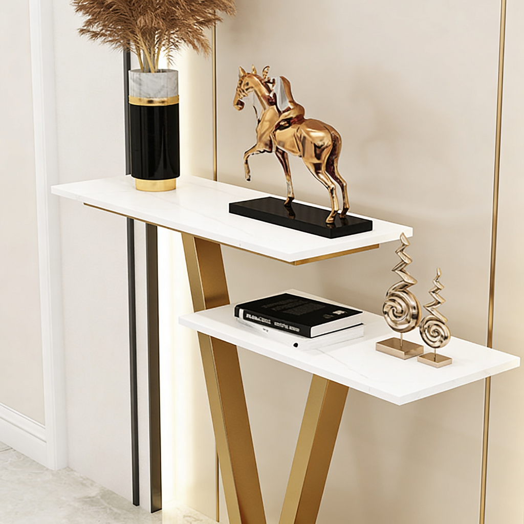 Contemporary 2 Tier White Marble Golden Console Table