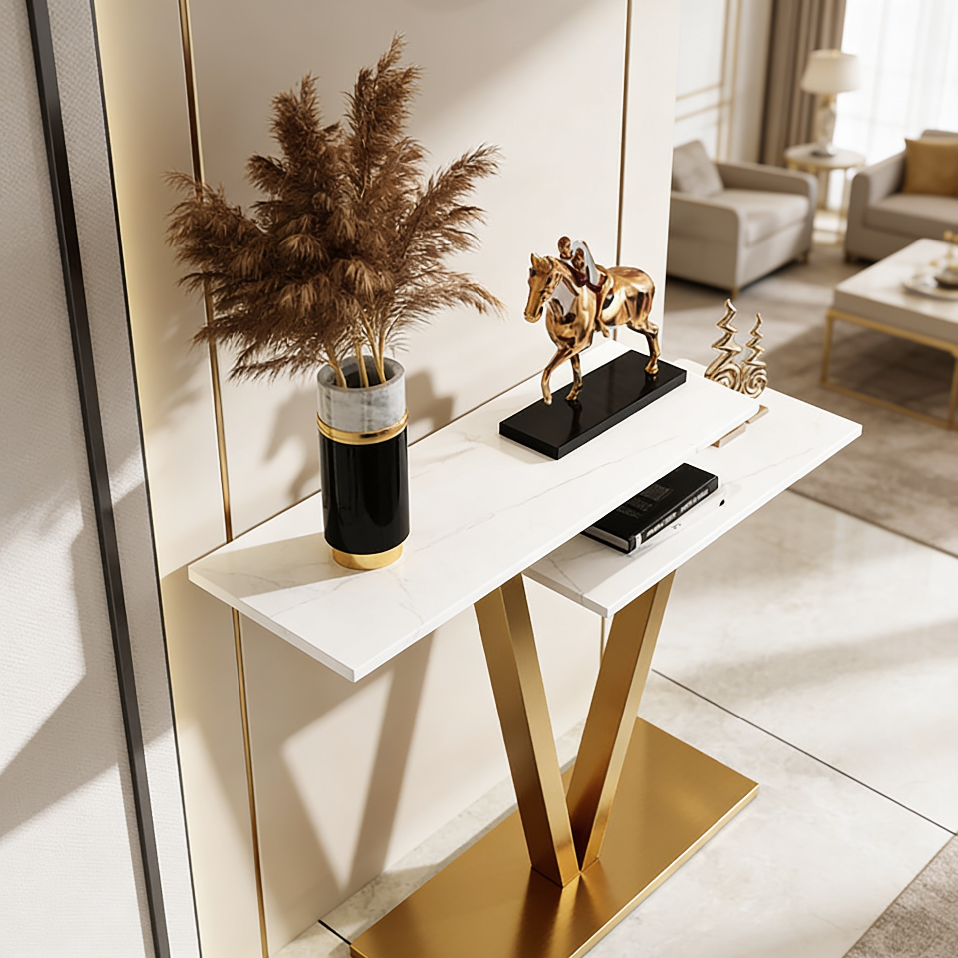 Contemporary 2 Tier White Marble Golden Console Table