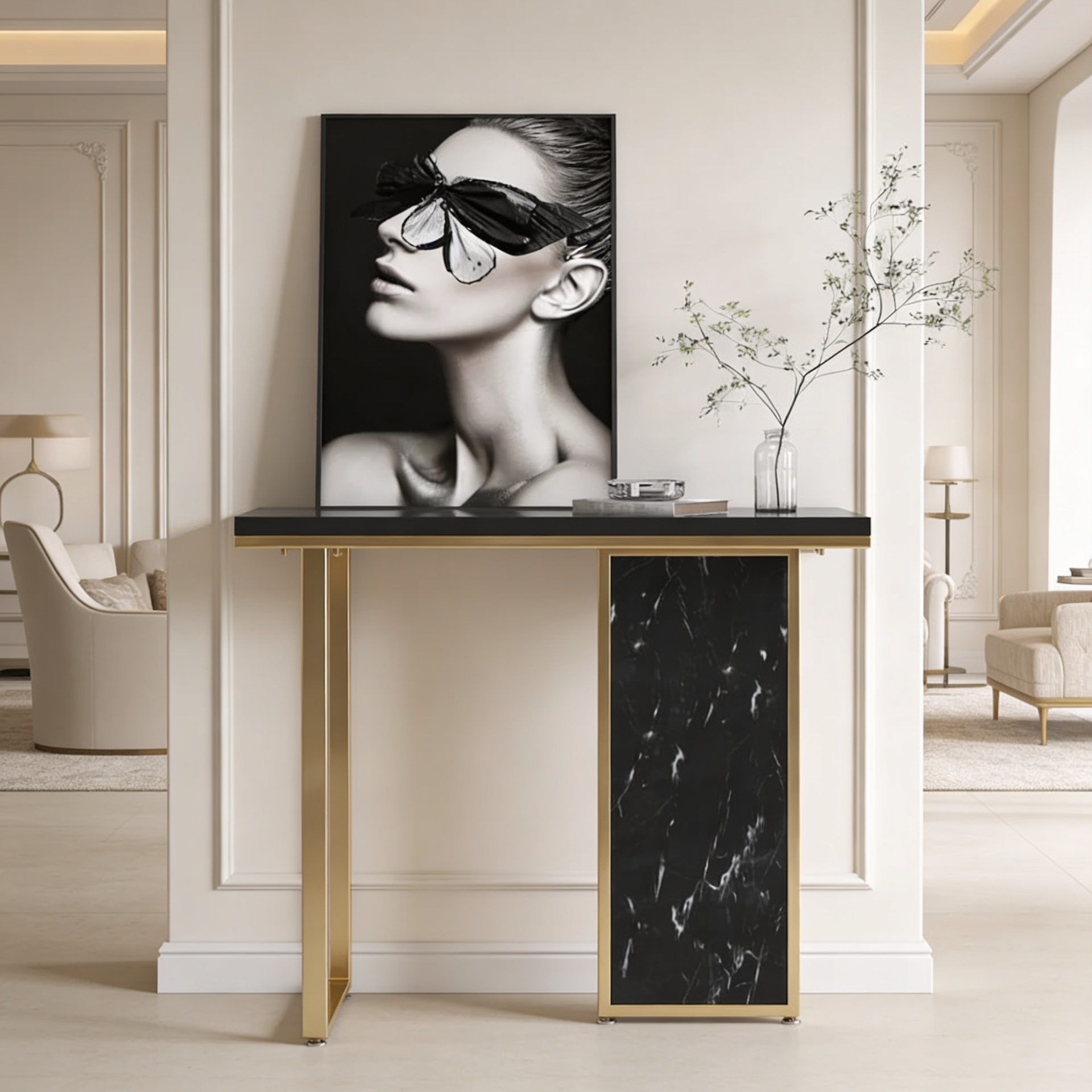 Modern Opulence Black Marble Gold Console Table