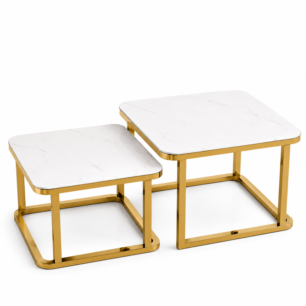 Square Stainless Steel PVD Center Table Set of 2 with White Marble Tops and Open Golden Frames